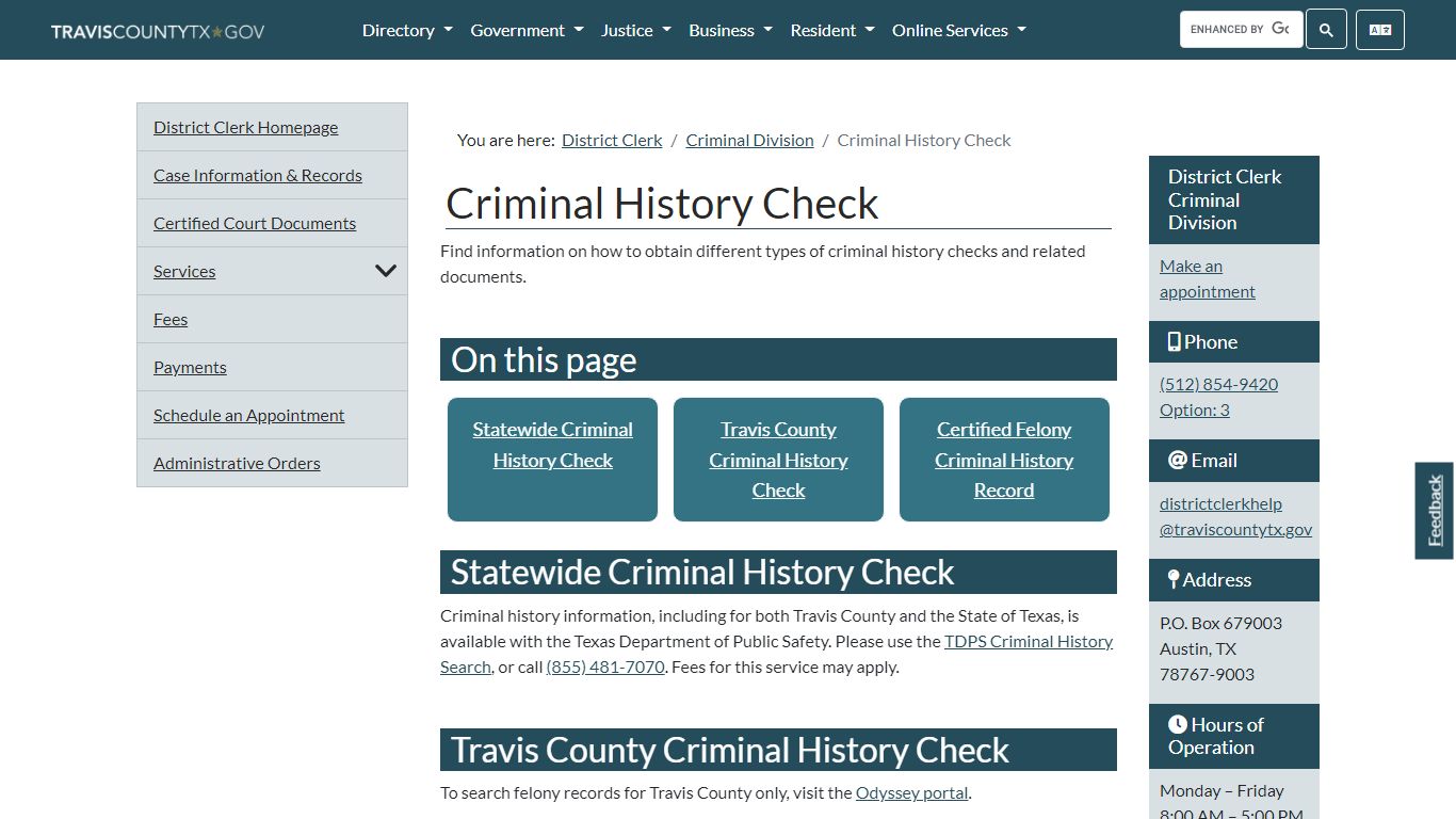 Criminal History Check - Travis County, Texas